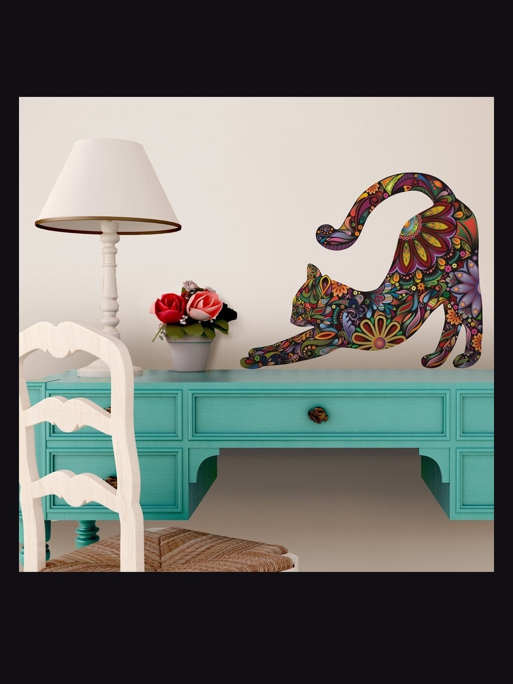 Vibrant Multicolor Floral Cat Wall Decal - Safe Cling